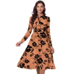 Elegant Orange Knitted Printed V-Neck Full Sleeve Dress for Women