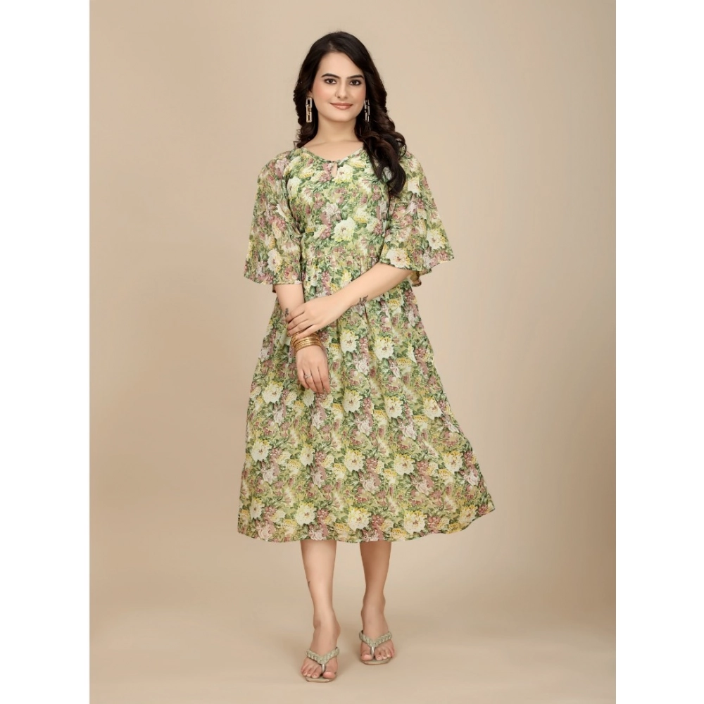 Green Georgette Printed Short Sleeve Dress