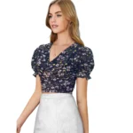 Generic Women's Knitting Printed V-Neck Puff Sleeve Tops (Navy Blue) - Image 5