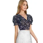 Generic Women's Knitting Printed V-Neck Puff Sleeve Tops (Navy Blue) - Image 6