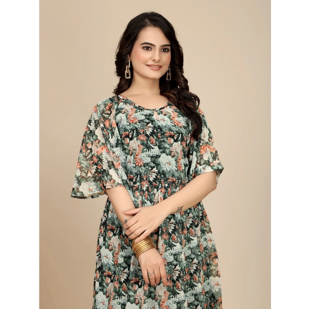 Black Georgette Printed Short Sleeve Dress