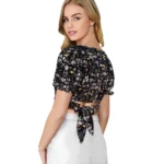 Generic Women's Knitting Printed V-Neck Puff Sleeve Tops (Black) - Image 4