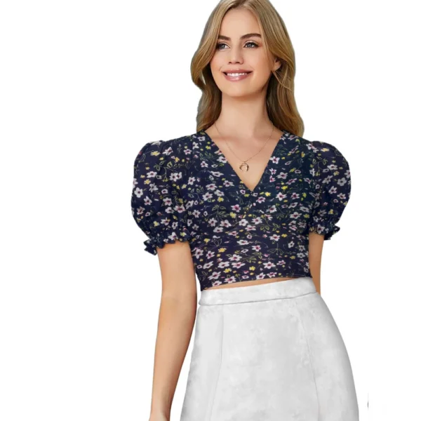 Navy Blue Knitting Puff Sleeve Top