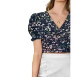 Generic Women's Knitting Printed V-Neck Puff Sleeve Tops (Navy Blue) - Image 3