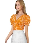 Generic Women's Knitting Printed V-Neck Puff Sleeve Tops (Yellow) - Image 5