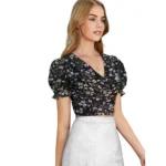 Generic Women's Knitting Printed V-Neck Puff Sleeve Tops (Black) - Image 6