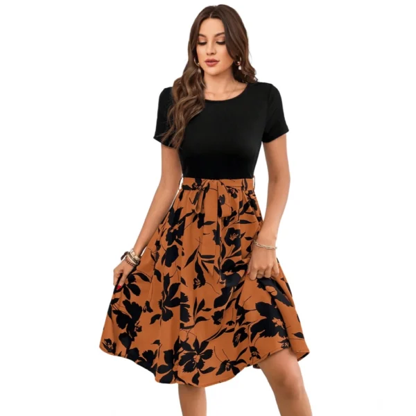 Orange Knitting Printed Short Sleeve Dress