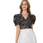 Black Knitting Puff Sleeve Top