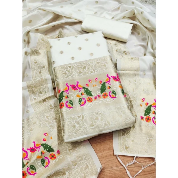 Generic Women's Banarasi Silk Printed Unstitched Salwar Suit Material With Dupatta (White, 3Mtrs)