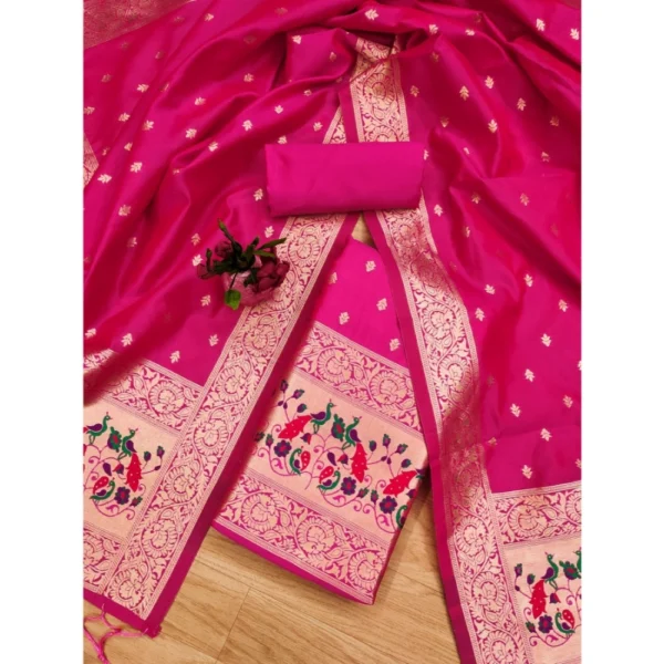 Pink Banarasi Silk Unstitched Salwar Suit Material with Dupatta