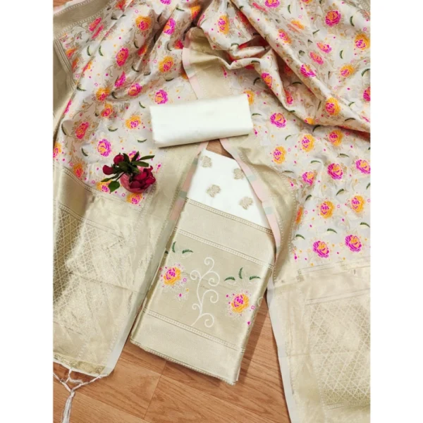 White Banarasi Silk Unstitched Salwar Suit Material with Dupatta