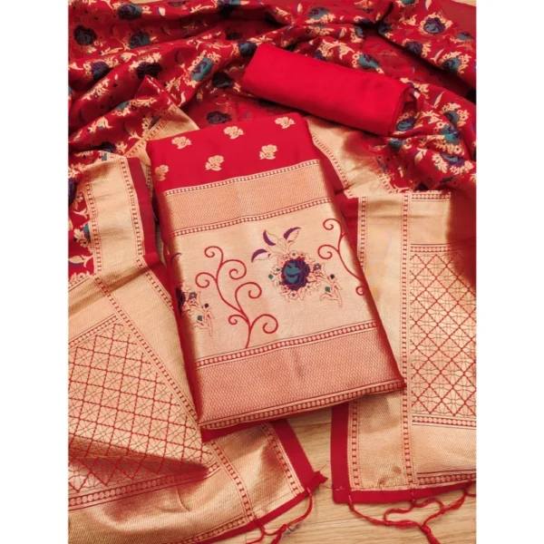 Red Banarasi Silk Unstitched Salwar Suit Material