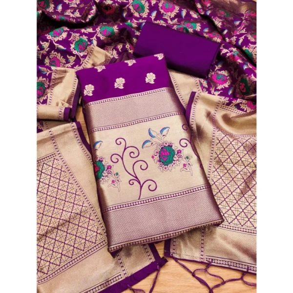 Generic Women's Banarasi Silk Printed Unstitched Salwar Suit Material With Dupatta (Purple, 3Mtrs)