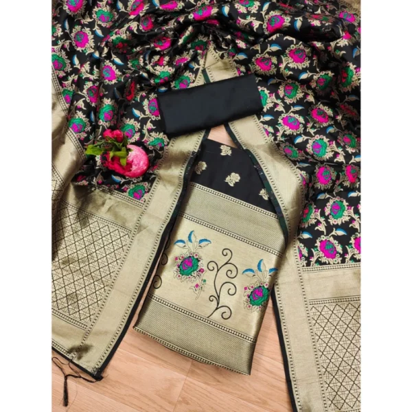 Black Banarasi Silk Unstitched Salwar Suit Material