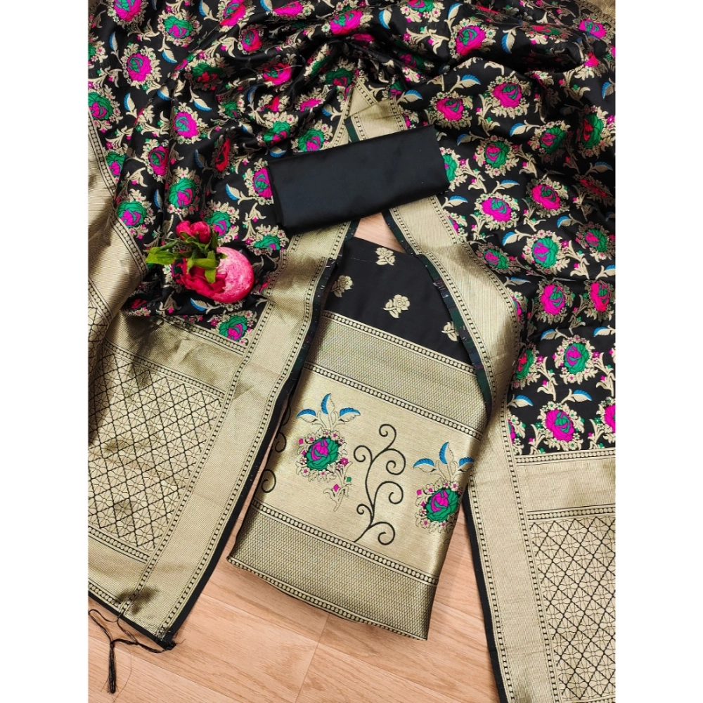 Black Banarasi Silk Unstitched Salwar Suit Material