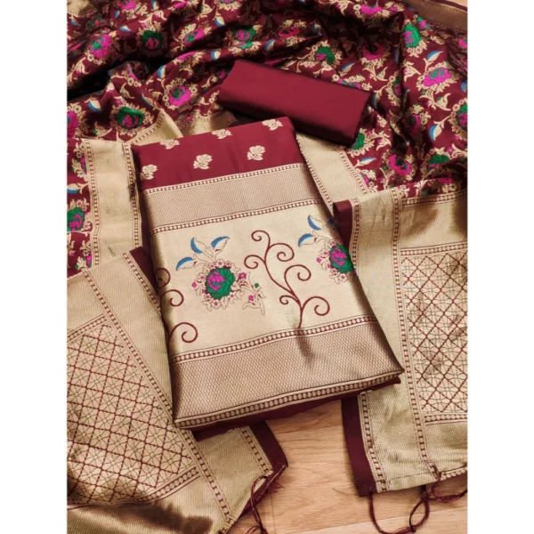Maroon Banarasi Silk Unstitched Salwar Suit Material