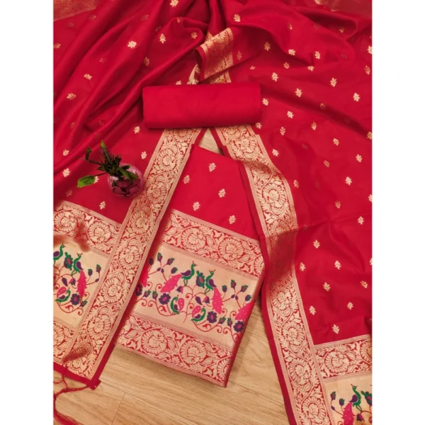 Red Banarasi Silk Unstitched Salwar Suit Material with Dupatta