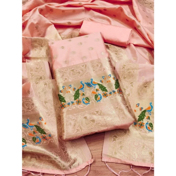 Generic Women's Banarasi Silk Printed Unstitched Salwar Suit Material With Dupatta (Peach, 3Mtrs)