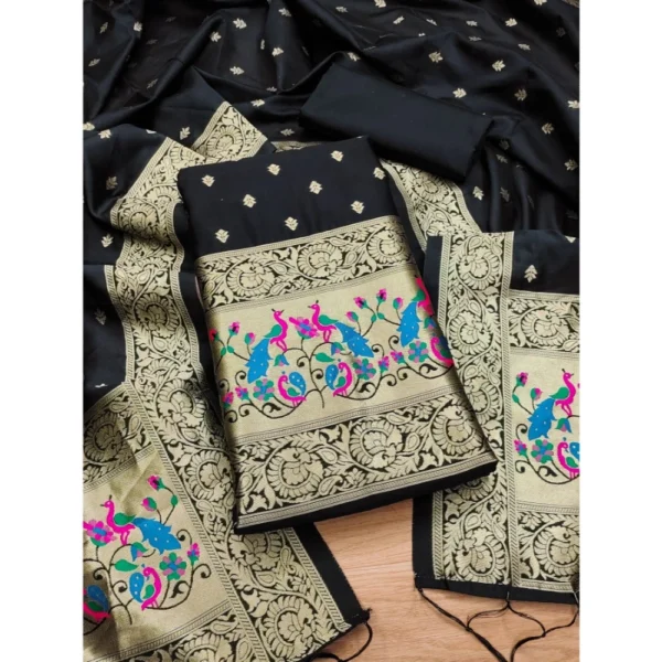 Black Banarasi Silk Unstitched Salwar Suit Material with Dupatta