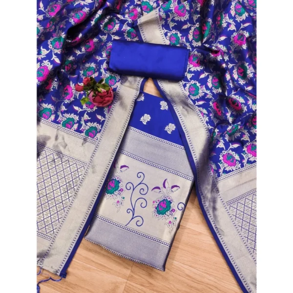 Generic Women's Banarasi Silk Printed Unstitched Salwar Suit Material With Dupatta (Rblue, 3Mtrs)
