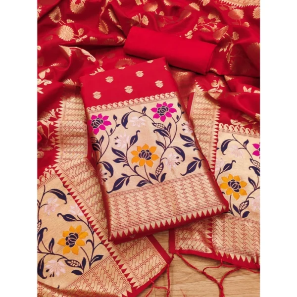 Red Banarasi Silk Unstitched Salwar Suit Material