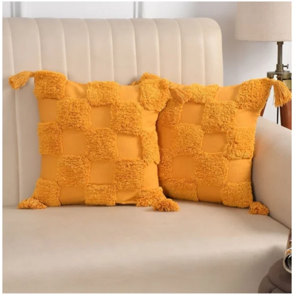 Generic Cotton Tufted Cushion Pillow Cover 16x16 Inch Pack of 2 (Yellow)