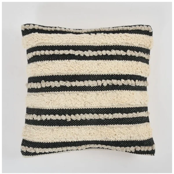 Generic Cotton Striped Handcrafted Pit Loom Cushion Cover 16x16 Inch Pack of 2 (Black Cream)