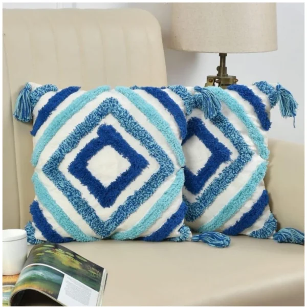 Generic Cotton Tufted Cushion Pillow Cover 16x16 Inch Pack of 2 (Blue)