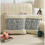 Generic Cotton Diamond Handcrafted Pit Loom Cushion Cover 16x16 Inch Pack of 2 (Grey Cream)