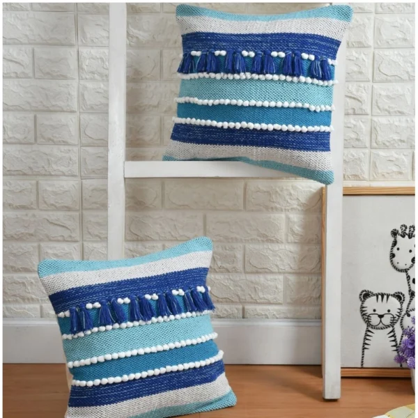 Generic Cotton Handcrafted Pit Loom Cushion Cover 16x16 Inch Pack of 2 (Blue)