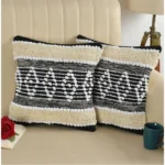 Generic Cotton Diamond Handcrafted Pit Loom Cushion Cover 16x16 Inch Pack of 2 (Black Cream)