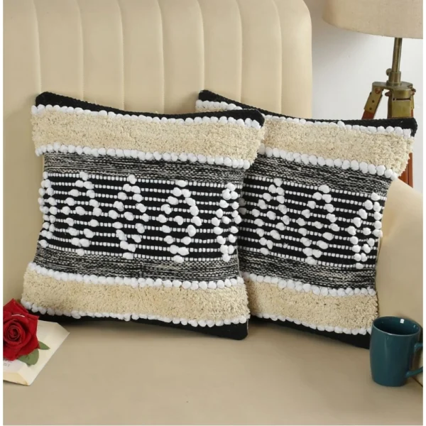 Generic Cotton Diamond Handcrafted Pit Loom Cushion Cover 16x16 Inch Pack of 2 (Black Cream)