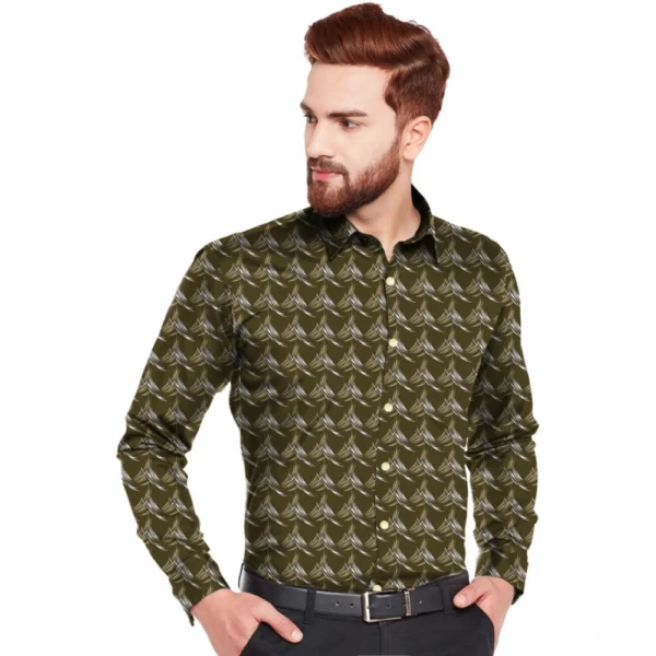 Generic Men's Casual Viscose Rayon Printed Full Sleeve Collar Shirt (Dark Green)
