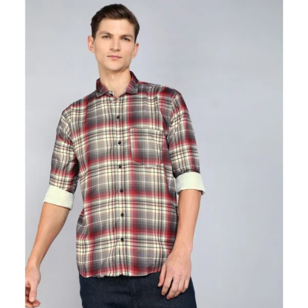 Generic Men's Casual Viscose Rayon Checkered Full Sleeve Collar Shirt (Brown)