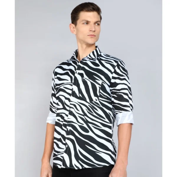 Generic Men's Casual Viscose Rayon Striped Full Sleeve Collar Shirt (Black-White)