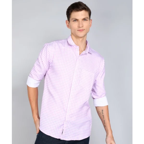 Generic Men's Casual Viscose Rayon Checkered Full Sleeve Collar Shirt (Purple-White)