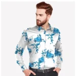 Generic Men's Casual Viscose Rayon Floral Print Full Sleeve Collar Shirt (Blue)