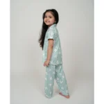 Generic Girl's Silk Bleand Printed Short Sleeve Night Suit Set (Light Green) - Image 3