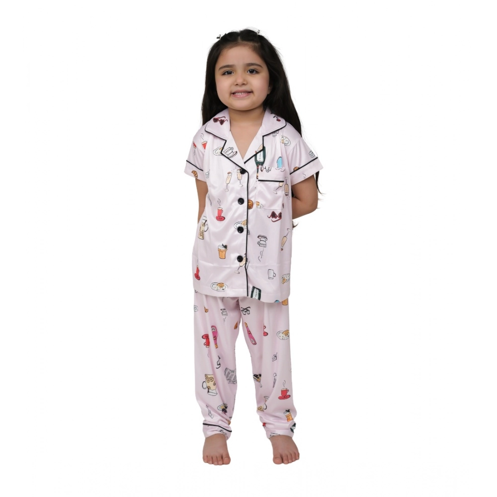 Light Pink Girls Silk Blend Printed Night Suit Set