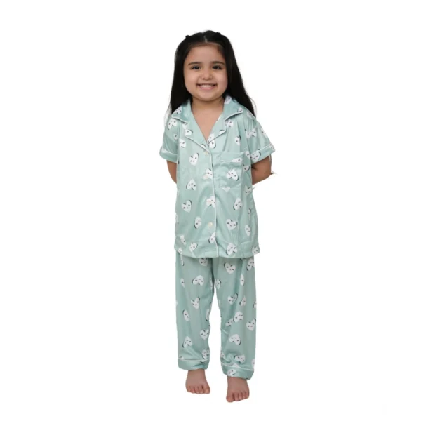 Light Green Girls Silk Blend Printed Night Suit Set
