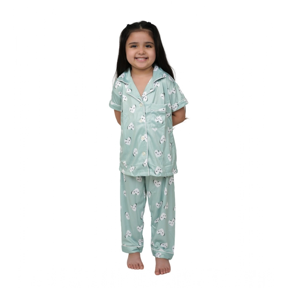 Light Green Girls Silk Blend Printed Night Suit Set