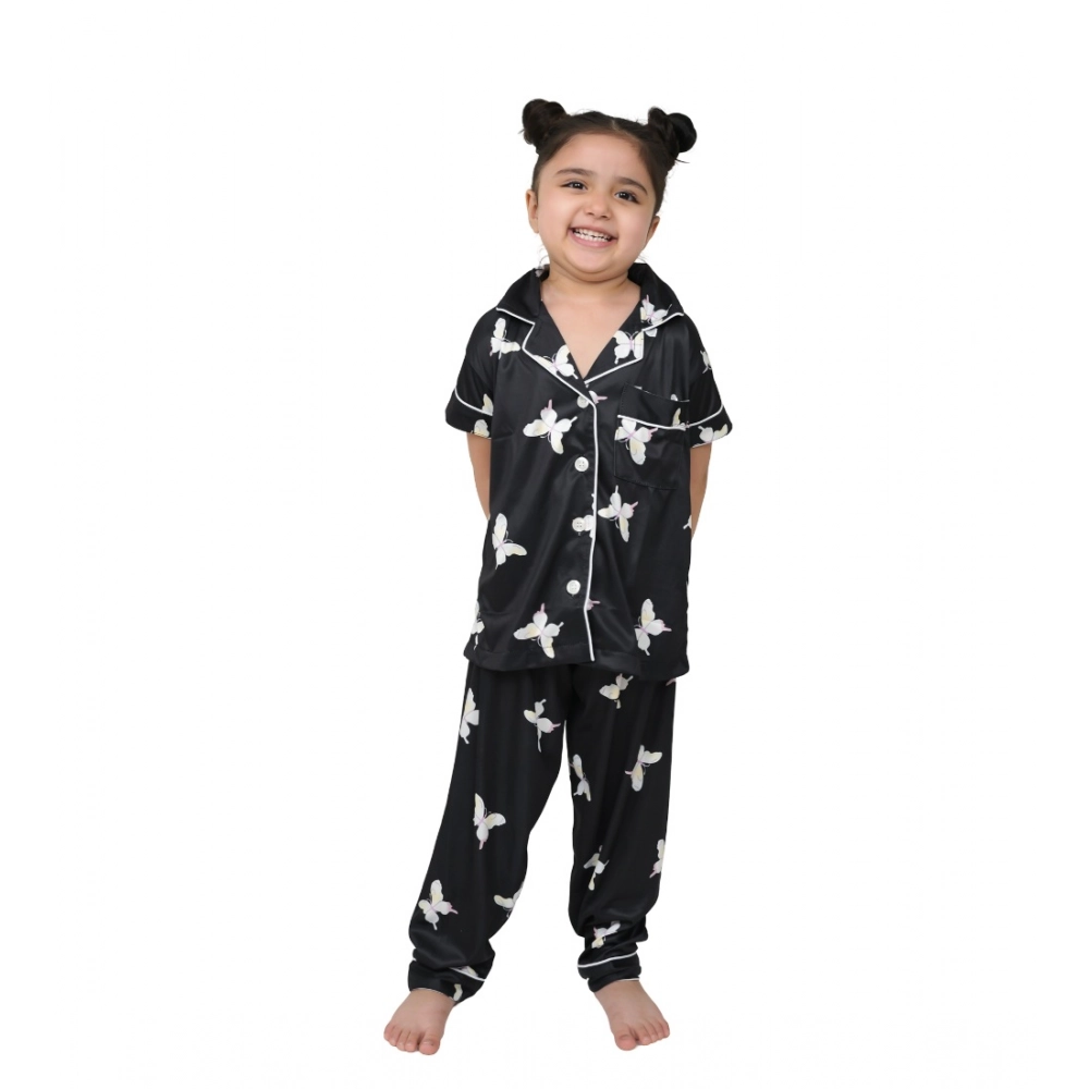 Black Girls Silk Blend Printed Night Suit Set