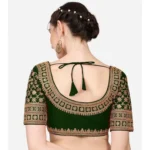 Generic Women's Silk Embroidery Coding Round Neck Short Sleeve Readymade Blouse (Dark Green, Free Size) - Image 3