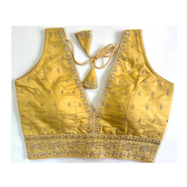 Generic Women's Silk Thread work V Neck Sleeve Less Readymade Blouse (Yellow, Free Size)