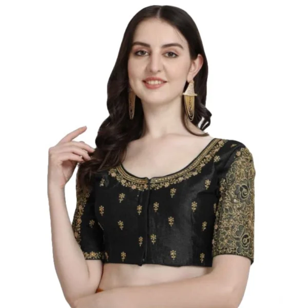 Generic Women's Phantom Silk Woven Round Neck Short Sleeve Readymade Blouse (Black, Free Size)