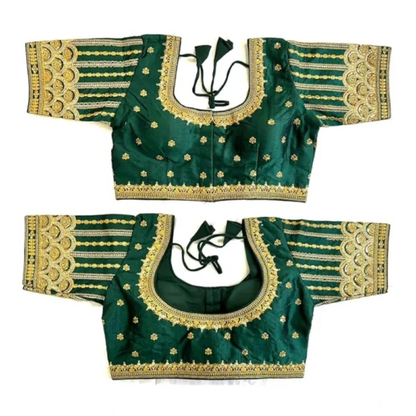 Generic Women's Phantom Silk Embroidery Round Neck Short Sleeve Readymade Blouse (Dark Green, Free Size)