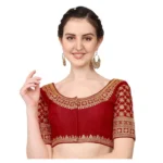Generic Women's Silk Embroidery Coding Round Neck Short Sleeve Readymade Blouse (Maroon, Free Size)