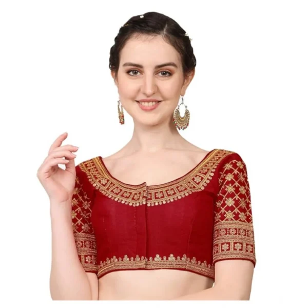 Generic Women's Silk Embroidery Coding Round Neck Short Sleeve Readymade Blouse (Maroon, Free Size)