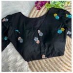 Generic Women's Khadi Cotton Embroidery V Neck Short Sleeve Readymade Blouse (Black, Free Size)