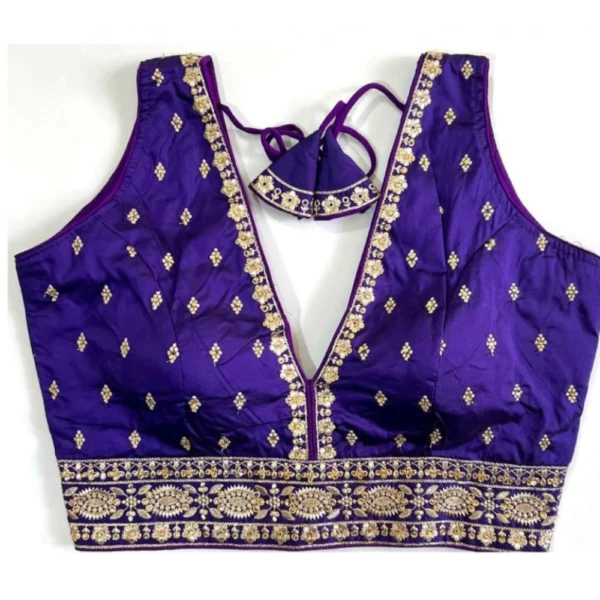 Generic Women's Silk Thread work V Neck Sleeve Less Readymade Blouse (Blue, Free Size)